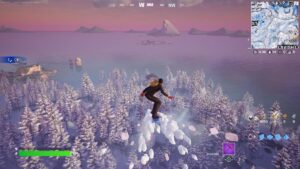 A fearless man is riding a snowboard in Fortnite, armed with the best sweaty Fortnite name to strike fear into opponents.