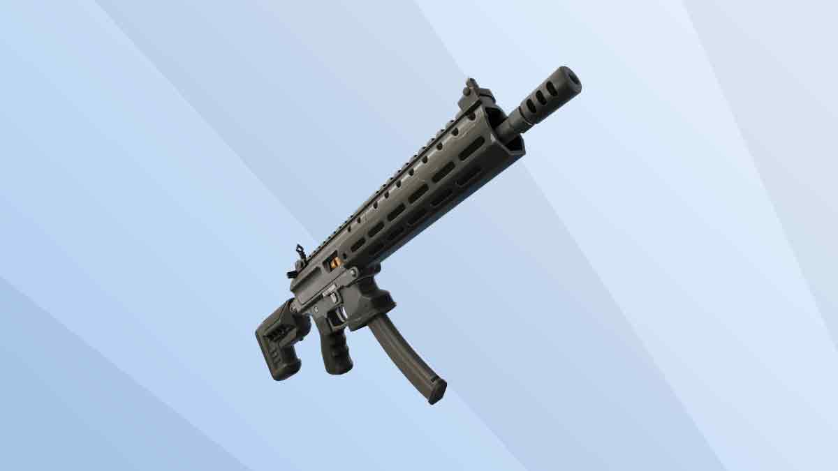 A modern submachine gun, one of the best Fortnite guns, displayed against a gray gradient background.