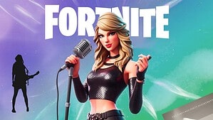 Promotional image for Fortnite featuring a stylized female character with a microphone, dressed in a black outfit, against a vibrant cosmic backdrop with bold "Fortnite" text above. Teaser: "Next