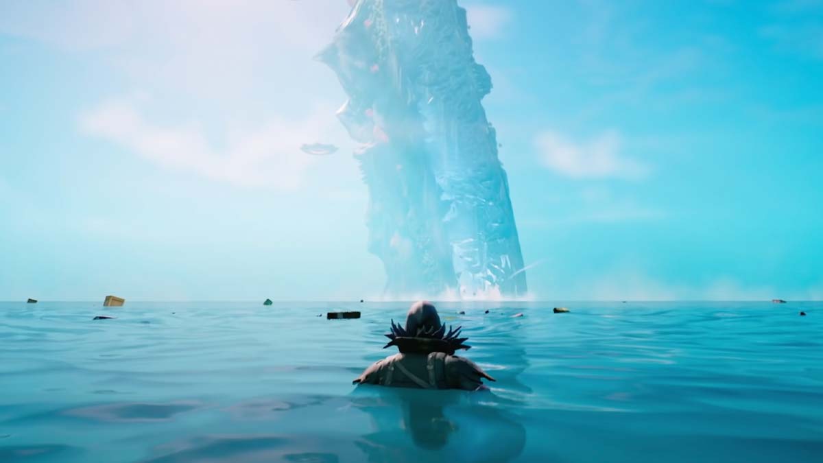 A character swims towards a massive iceberg in a vast ocean under a clear blue sky in the Fortmite movie.