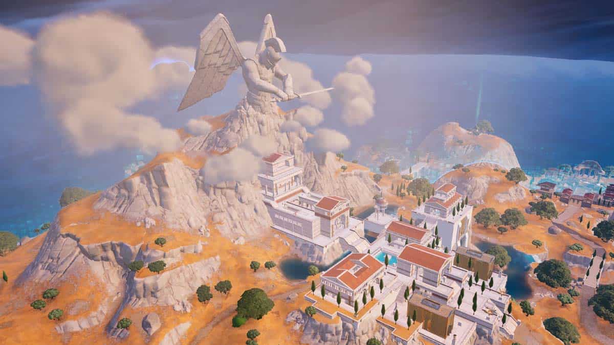A digital rendering of a mythical angel statue with a bow, standing atop a temple on a mountain, inspiried by Fortnite Season 3, with a panoramic landscape and cloudy skies in the background.