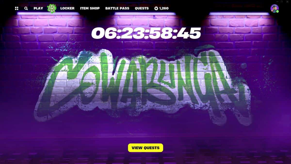 A purple screen adorned with graffiti inspired by Fortnite and TMNT.