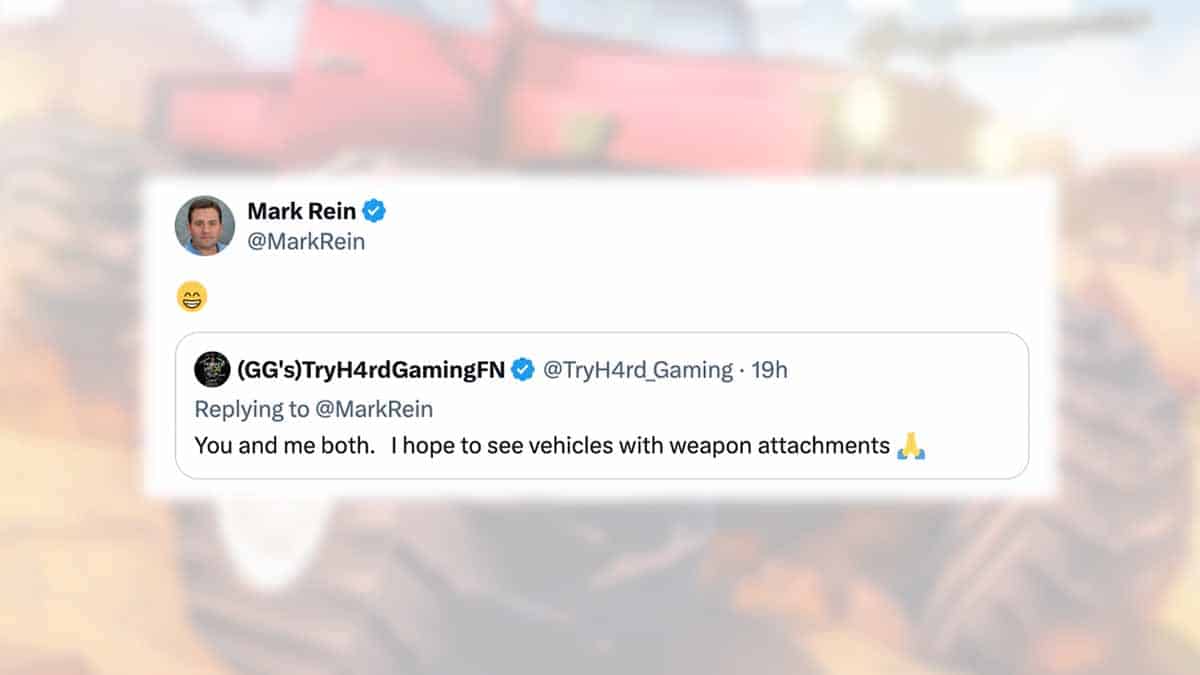 A tweet from Mark Rein with a smiling emoji is above a reply from another user expressing a hope to see vehicles with weapon attachments in Fortnite Season 3.