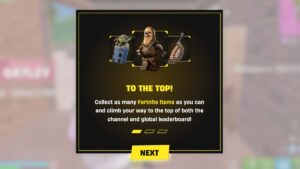 Promotional screen from a video game showing two animated characters with a message encouraging players to collect Fortnite cosmetics and climb leaderboards.