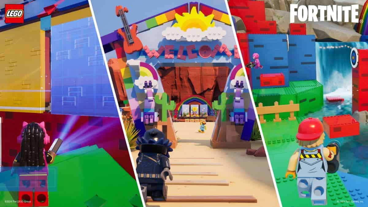 A collage showcasing a crossover between Lego and Fortnite, featuring Lego brick structures and characters in a Fortnite game setting, as Epic Games just revealed mind-blowing things coming to Fortnite.