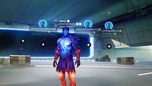 Futuristic video game character with a glowing blue and purple suit standing in a spacious, modern hangar, surrounded by player tags and interface elements from a Fortnite leak.