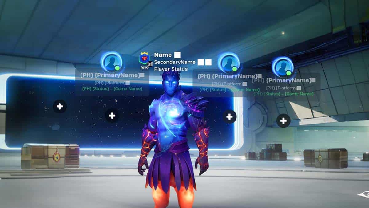 A character with glowing blue and orange armor stands in a futuristic Fortnite game lobby with player status screens above, hinting at a potential leak.