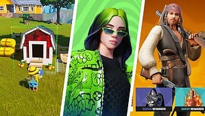 Three panels featuring animated video game characters: a cartoonish farm scene, a woman in green attire with sunglasses, and a pirate with fantastic quest rewards.