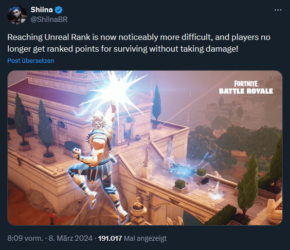 Fortnite update nerfs powerful stragety: A post on X from user @ShiinaBR about how players who take no damage in ranked no longer receive extra points.