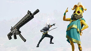 Image of a ninja character with swords, a floating AR-15 rifle inspired by Fortnite patch notes, and an animated hot dog character wearing a toga, all set against a misty background