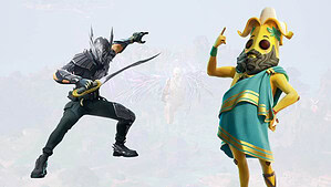 Two video game characters, one dressed as a ninja with a sword and the other as a hot dog, striking poses in a mystical foggy landscape inspired by the latest Fortnite patch notes.
