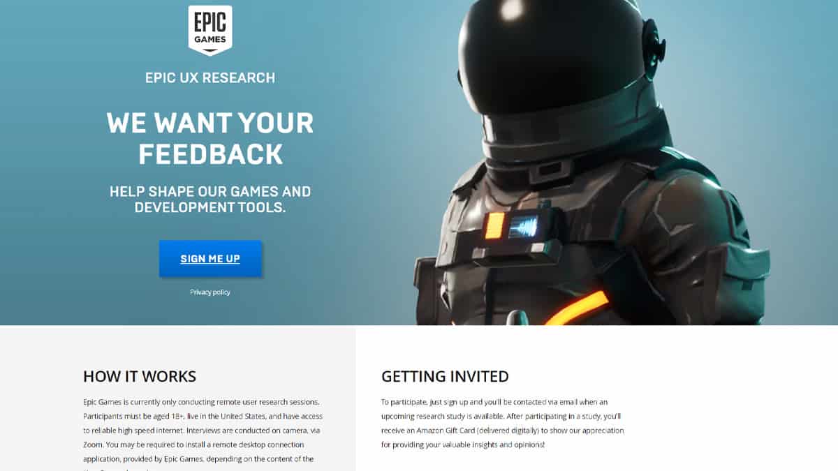 A website featuring an image of a man in a space suit offering exclusive Fortnite rewards.