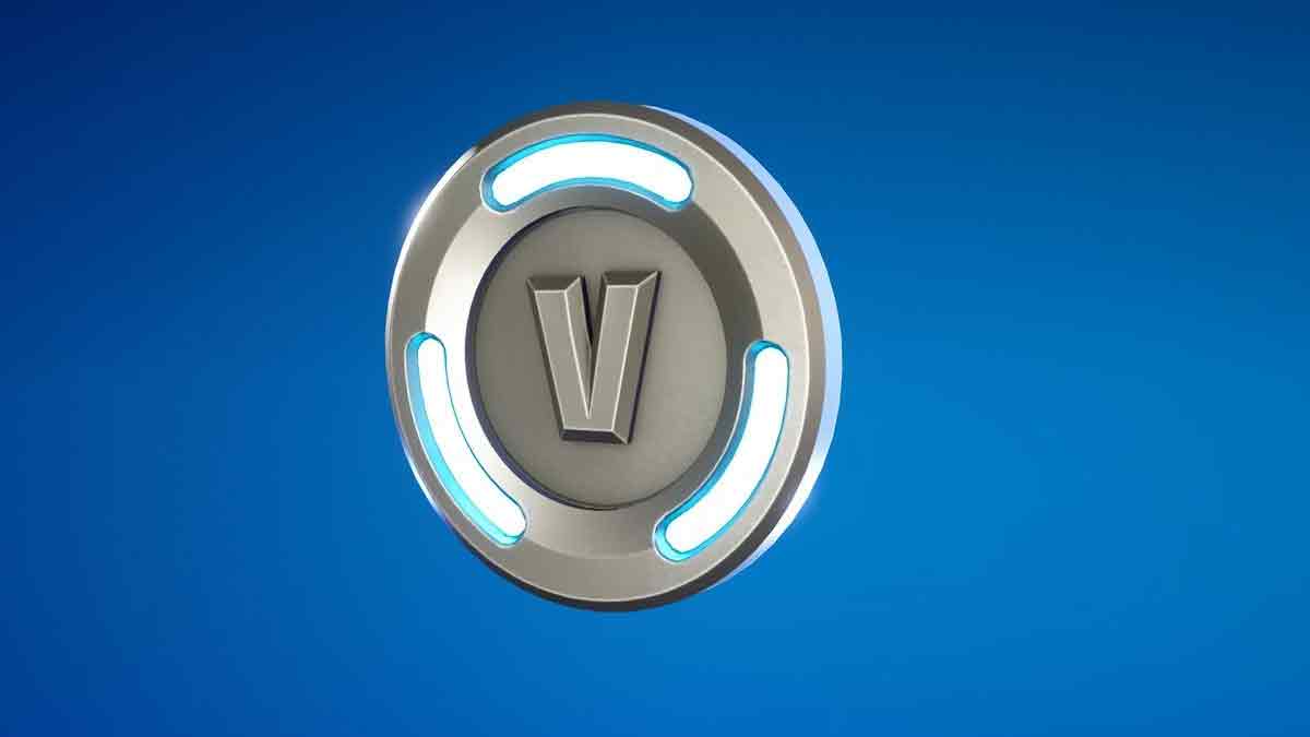 A 3D rendering of a metallic coin with the letter 'V' embossed in the center, representing Fortnite v-bucks, set against a blue background.