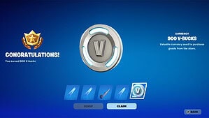 Congratulations screen in a video game showing a reward of 900 v-bucks with options to equip or claim, and a blue background with an auto draft feature.