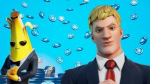 Fortnite Jonesy and Peely in suits next to falling V-bucks