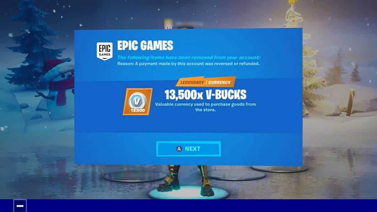 In-game notification from Fortnite stating that 13,500 V-Bucks were removed from a player's account due to a refunded payment, set against a snowy background.