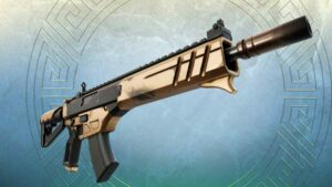 An illustrated submachine gun with a tan and black design from the all-new Fortnite weapons in Chapter 5 Season 2 against a stylized background.