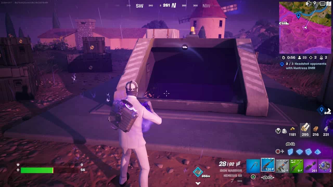 A player in a third-person shooter game preparing to enter a pyramid-like structure at dusk, searching for all Fortnite bunker mod bench locations.