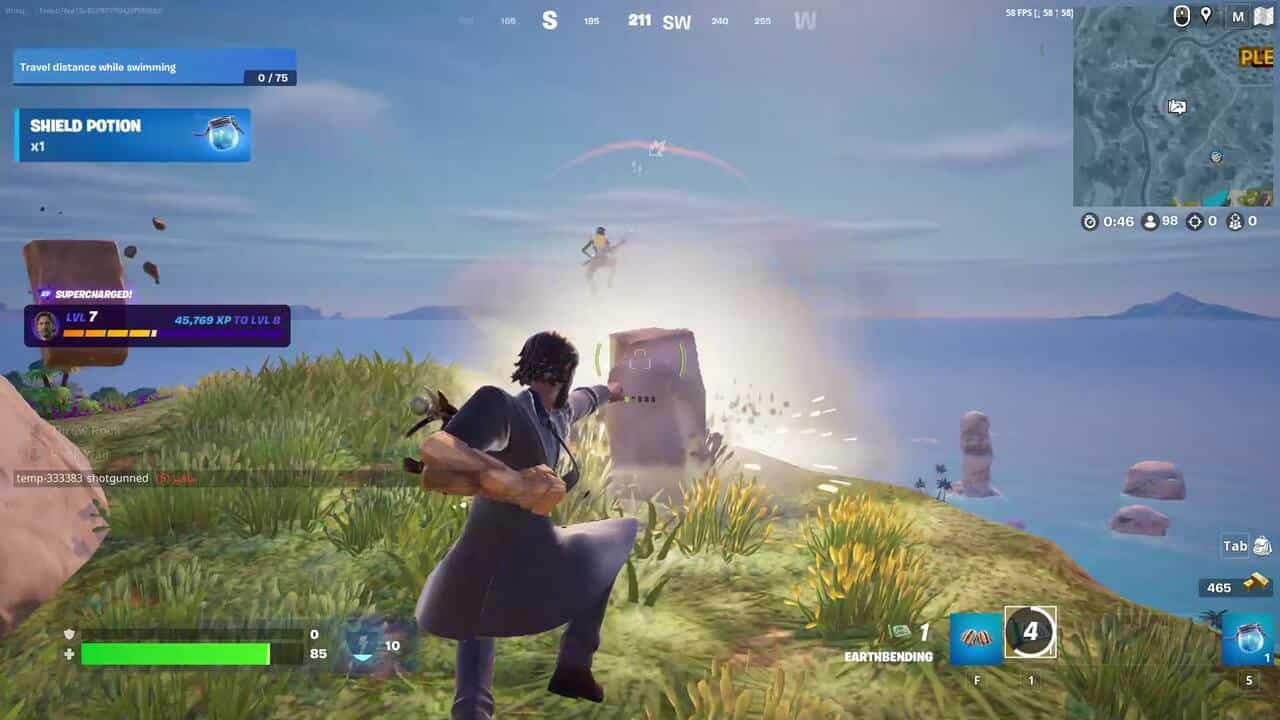 Fortnite what are Chakras: A player with an Alan Wake skin firing a rock at another playing using an earthbending scroll.