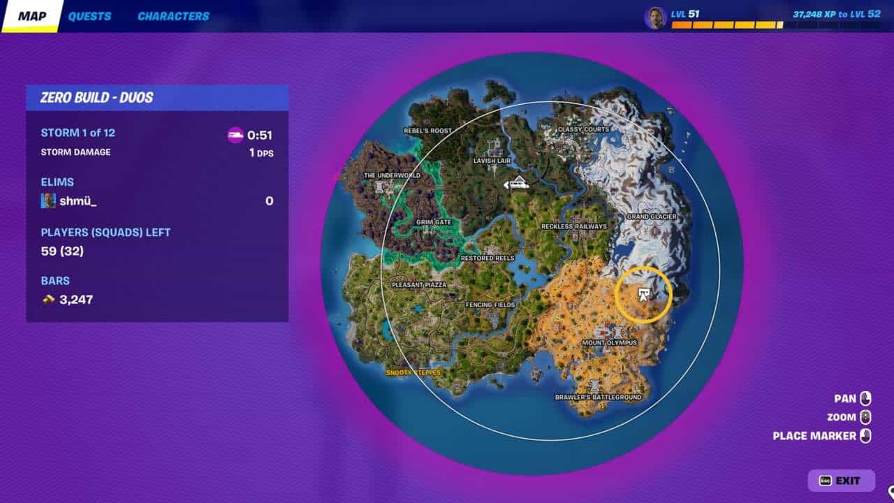 Fortnite where is Summit Temple: A yellow ring circling the location of Summit Temple on a Fortnite map.