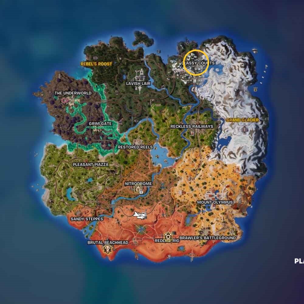 The Fortnite Chapter 5 Season 3 map with a gold ring around Classy Courts.