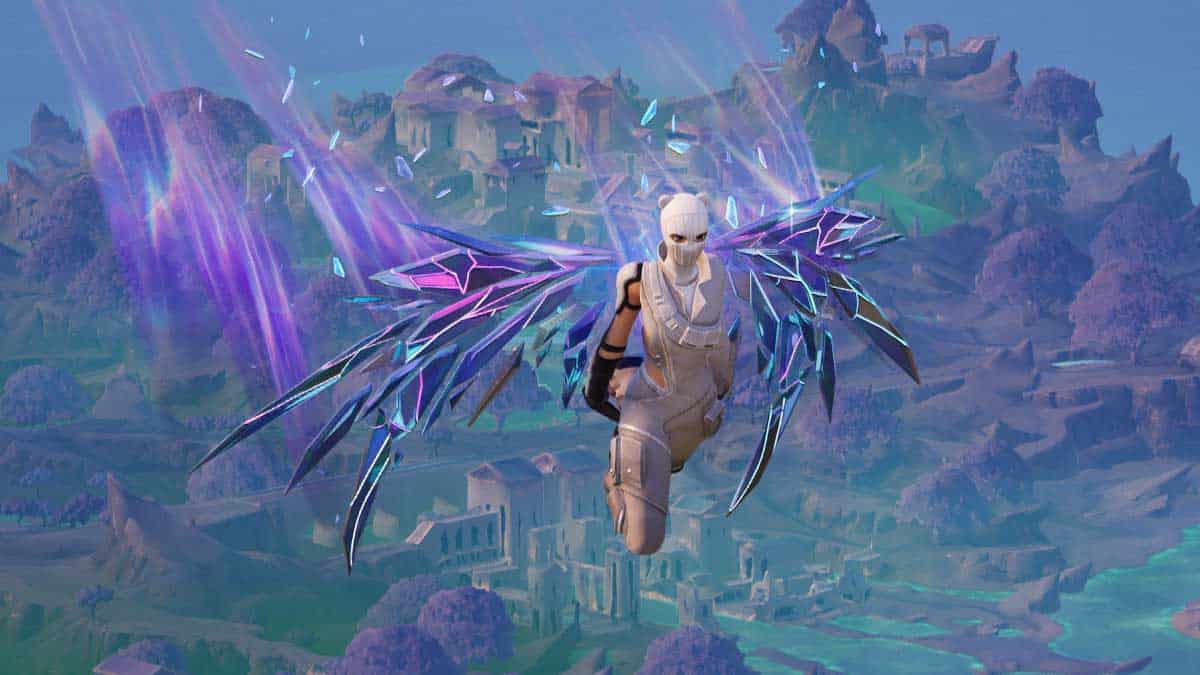 A character with angelic, crystalline wings glides over a mystical landscape featuring ruins and floating islands under a purple sky during a Fortnite event.