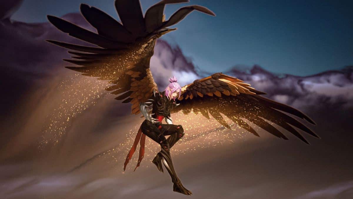 A majestic, large bird with open wings carrying a warrior in fantastical armor against a backdrop of mountains and a twilight sky, evoking recent Fortnite changes.