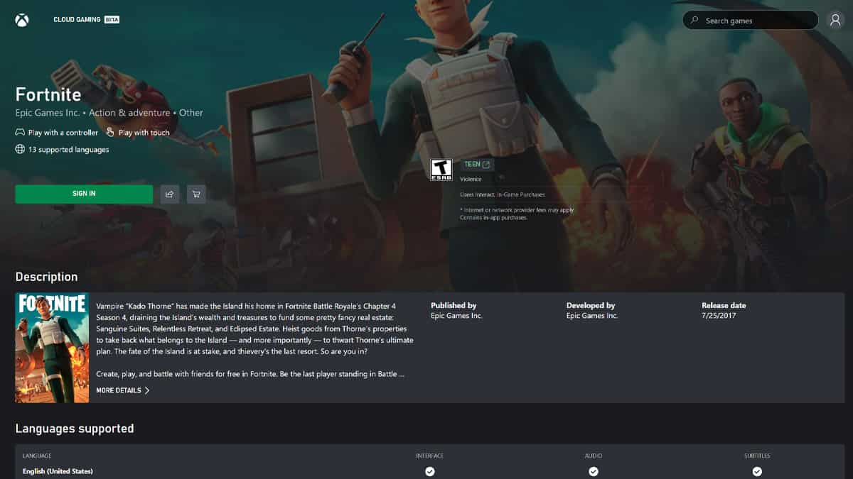 A screenshot of the Fortnite website featuring Xbox and cloud gaming integration.
