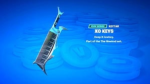 A stylized keyboard key shaped like a sword on a blue background with text that reads "icon series keytar xo keys, keep it low-key, part of the weekend set. Epic announces another V