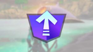 A purple shield icon with an upward-pointing arrow is displayed on a blurred background featuring a watery landscape, reminiscent of Fortnite XP boosts.