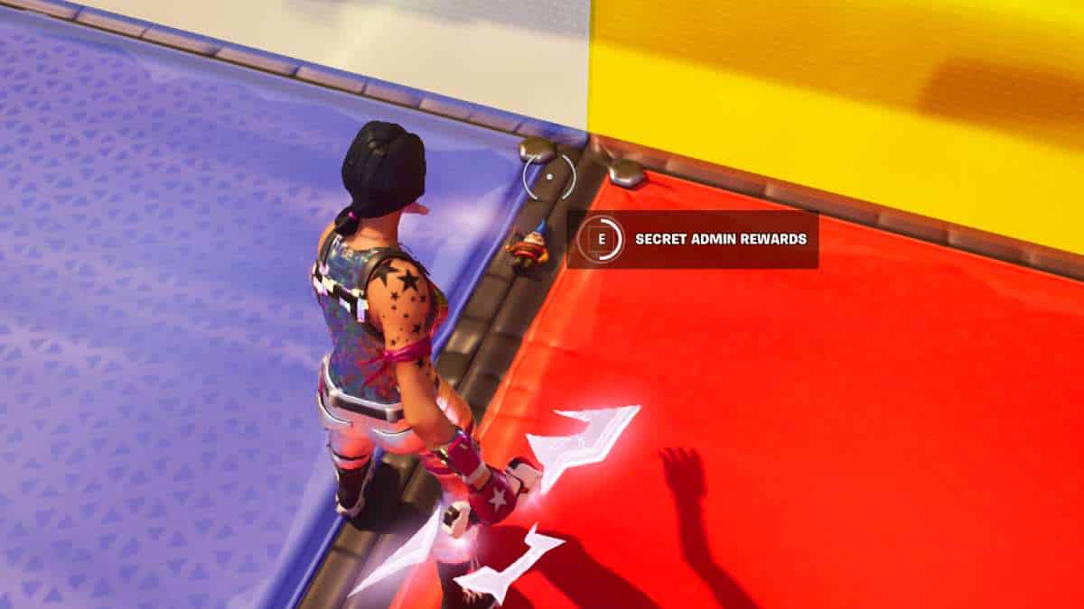 Best Fortnite XP maps: A player looking at the ground interacting with a gnome marked 'Secret Admin Rewards'