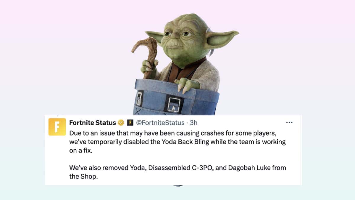 Image of a Yoda figurine from Star Wars, holding a rope, placed in front of a tweet about disabling Yoda back bling in Fortnite due to crashes.