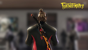 An image of a man holding a sword in front of a room during Fortnitmares 2023.