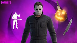 A halloween mask with a knife in front of a purple background for Fortnite's Fortnitemares event ending in 2023.