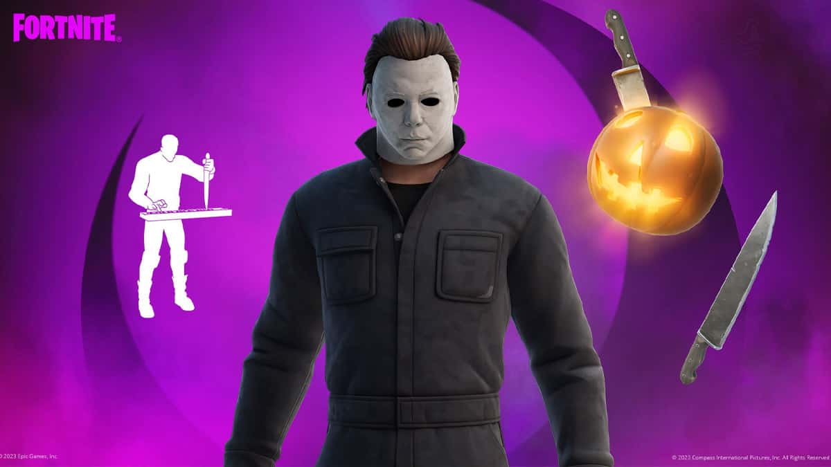 A halloween mask with a knife in front of a purple background for Fortnite's Fortnitemares event ending in 2023.