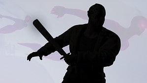 A silhouette of a man holding a knife in the Fortnite game with the new free skin released for Fortnitemares 2023 event.