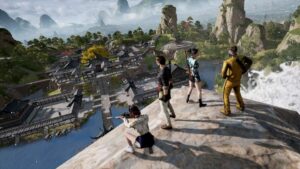four players standing on top of cliff in pubg battlegrounds