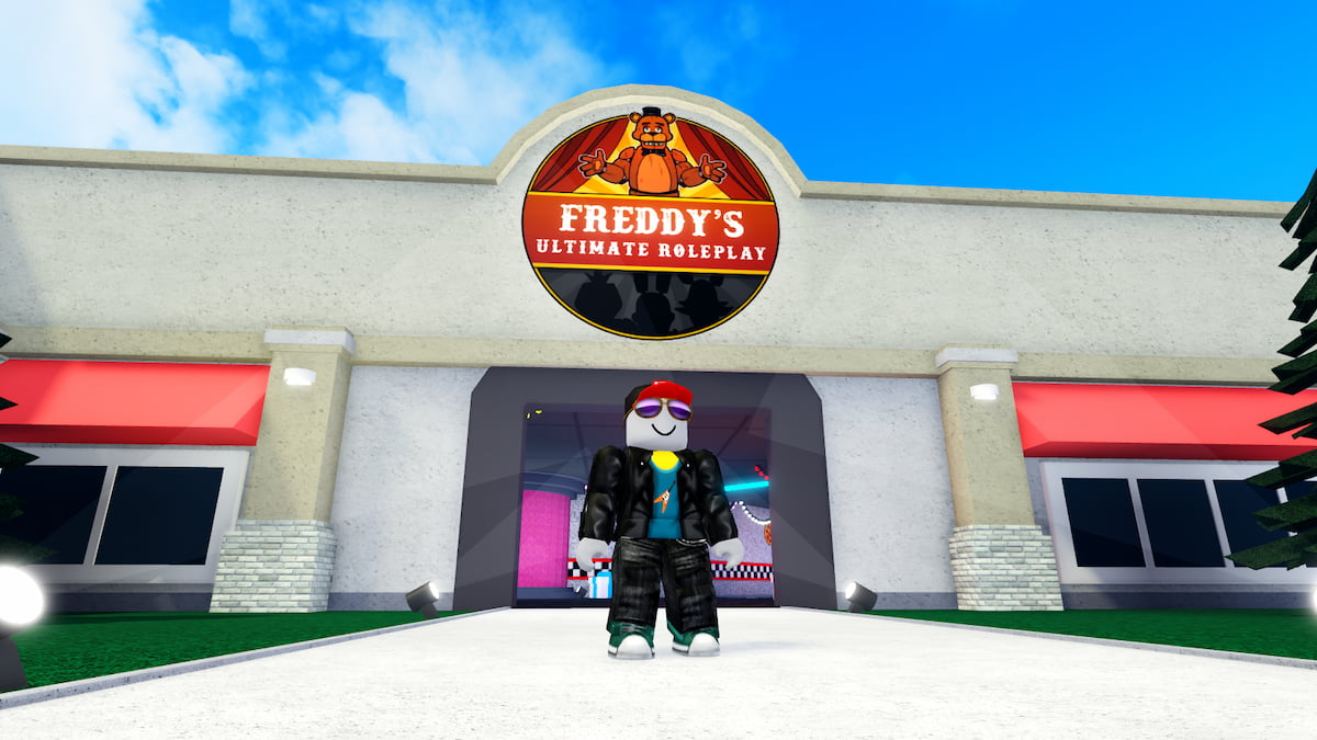 A Roblox character in front of a pizza joint with a sign that says Freddy's Ultimate Roleplay