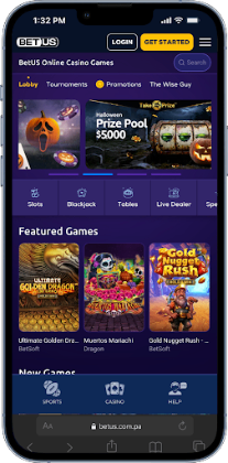 Free european roulette on BetUS. This image displays a phone screen with BeUS's menu of featured games