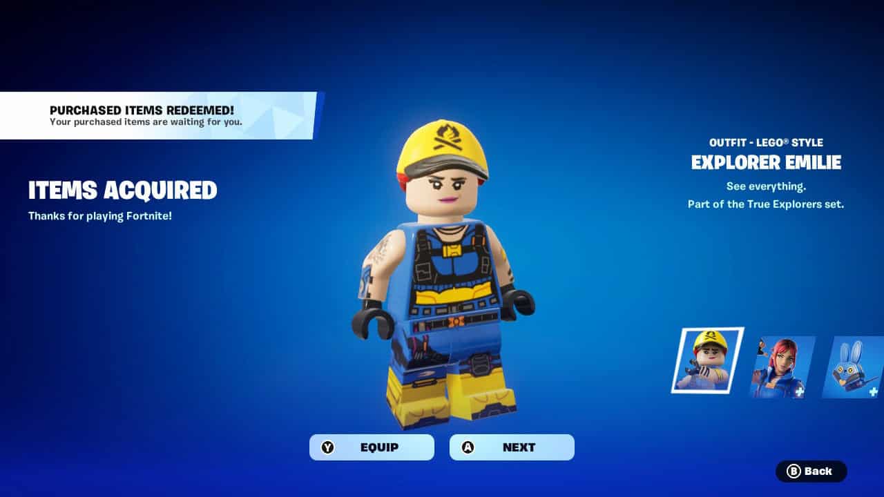 A lego-style character dressed in explorer attire is displayed on a video game screen indicating "items acquired," including free skins in Fortnite.