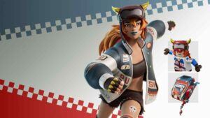 Animated character in a racing-themed outfit with Fortnite free skins accessories, posed confidently against a checkered background.