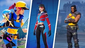Three characters from a video game, each styled distinctively in colorful Fortnite free skins, posing against different backgrounds.