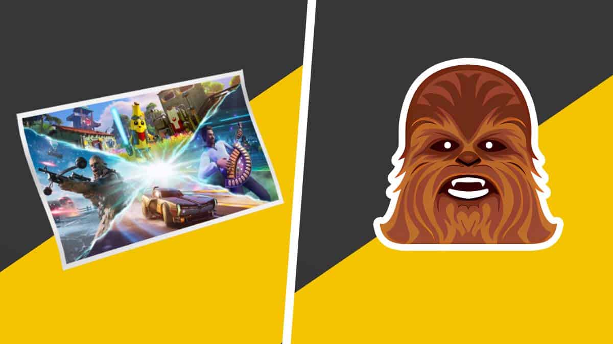 Split background with a Chewbacca graphic on the right and a collage of Fortnite cosmetic items on the left.