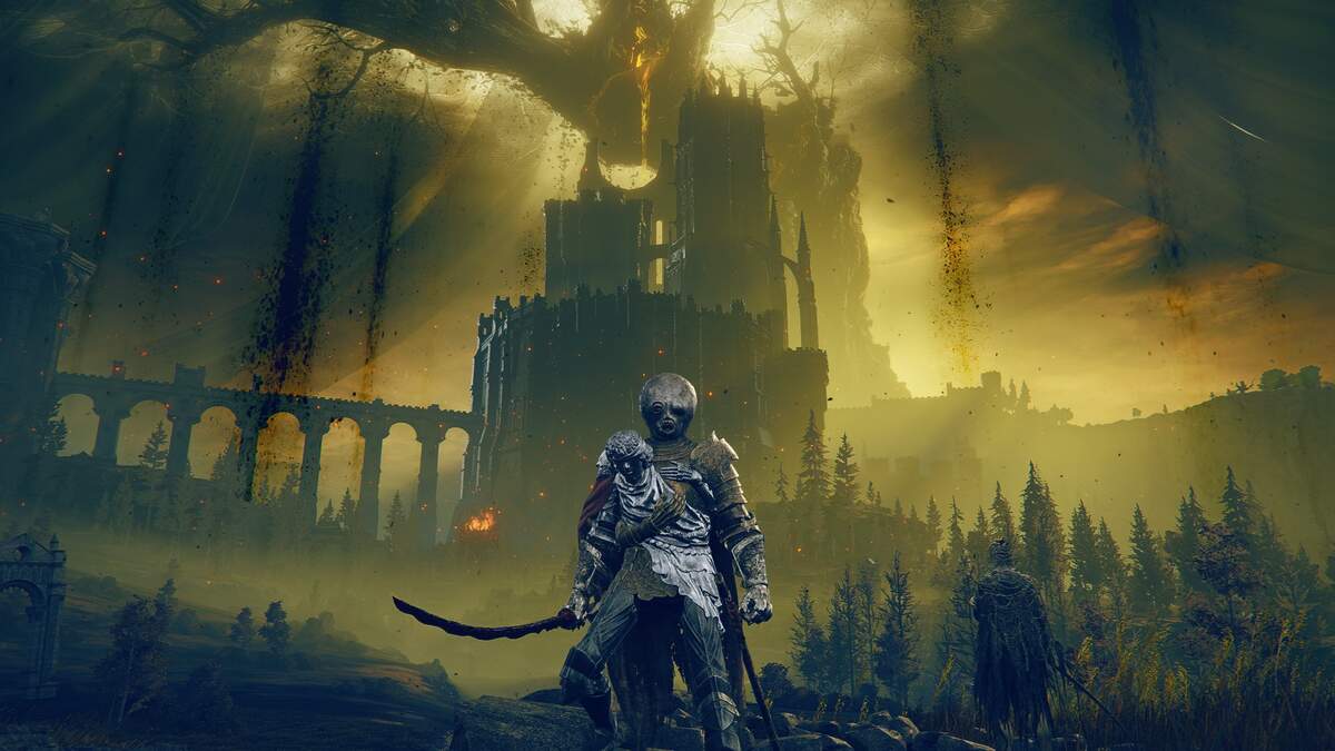 FromSoftware games are not that hard: A player wielding the Rivers of Blood katana facing the camera with a castle and Erdtree in the background clouded in yellow light.