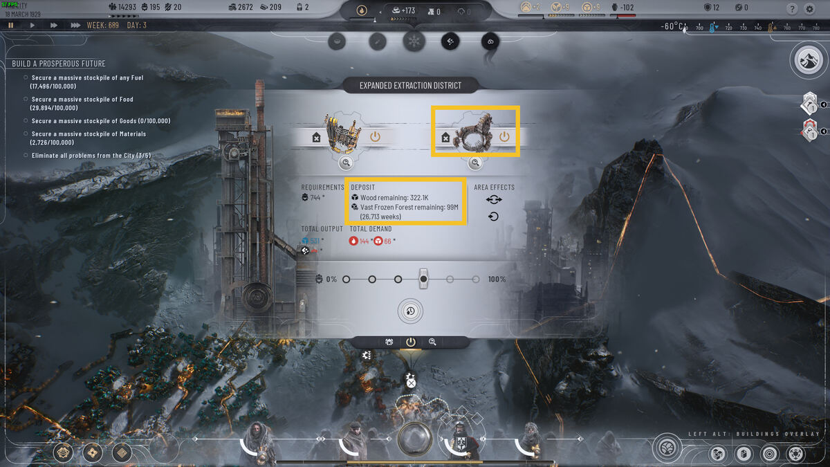 Frostpunk 2 how to get Prefabs: Extraction District menu.