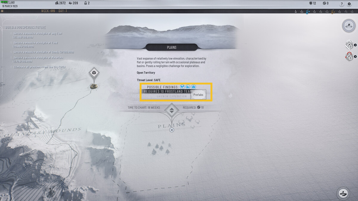 Frostpunk 2 how to get Prefabs: Frostland map showing Plains region.
