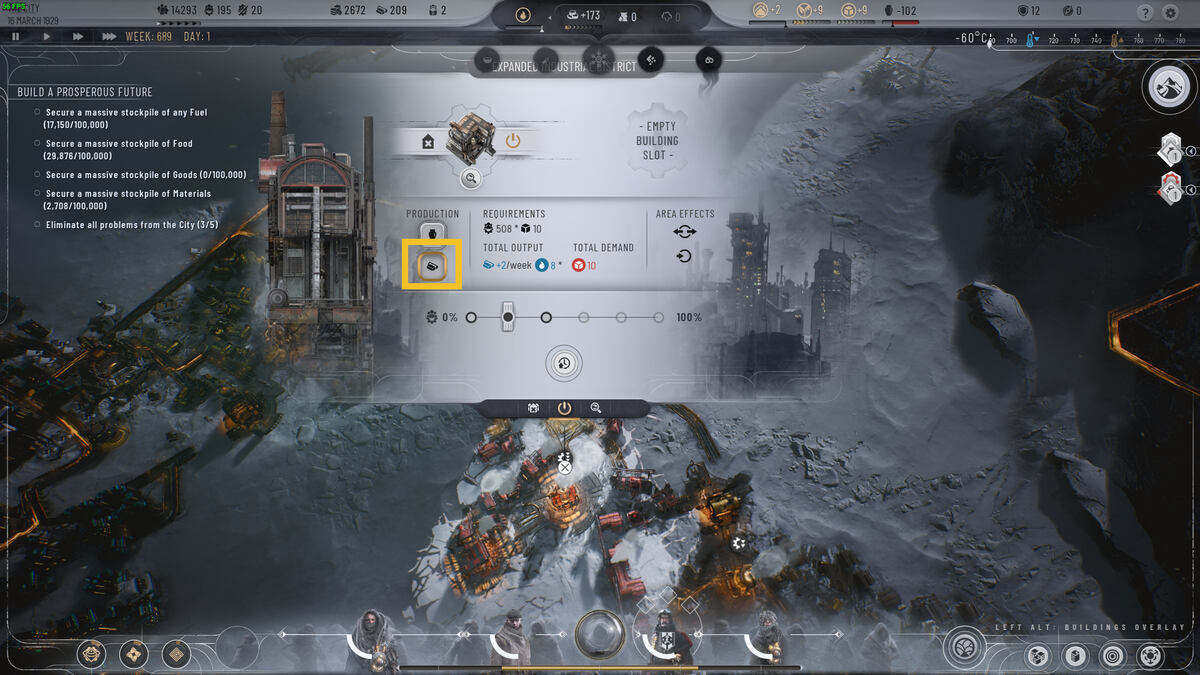 Frostpunk 2 how to get Prefabs: Industrial District menu.