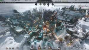 Frostpunk 2 cores: an industrial hub in the icy wasteland.