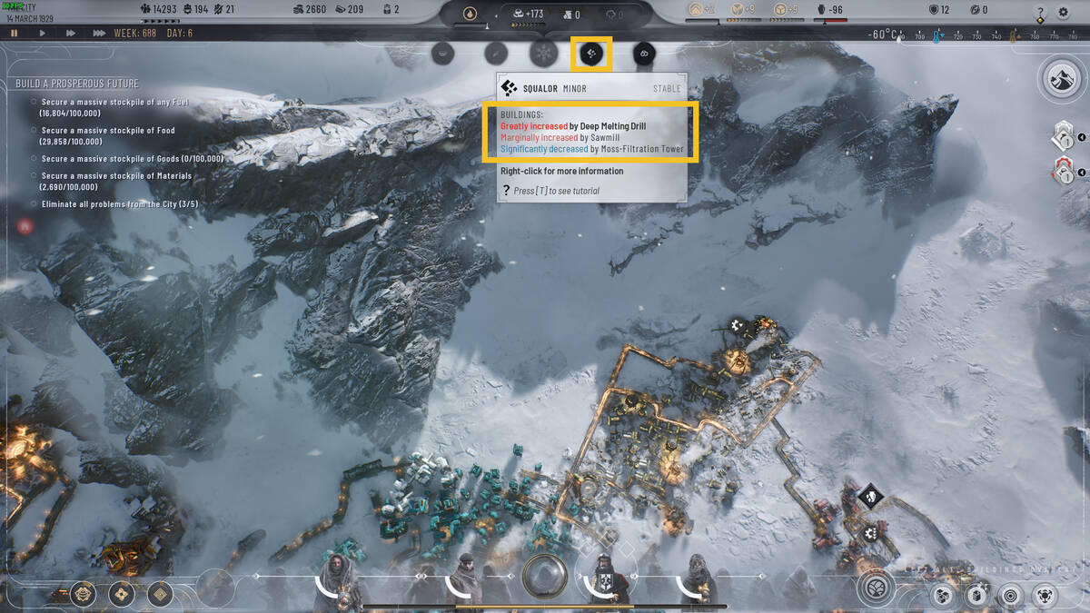 Frostpunk 2 how to reduce Disease: an industrial city in a snowy landscape.