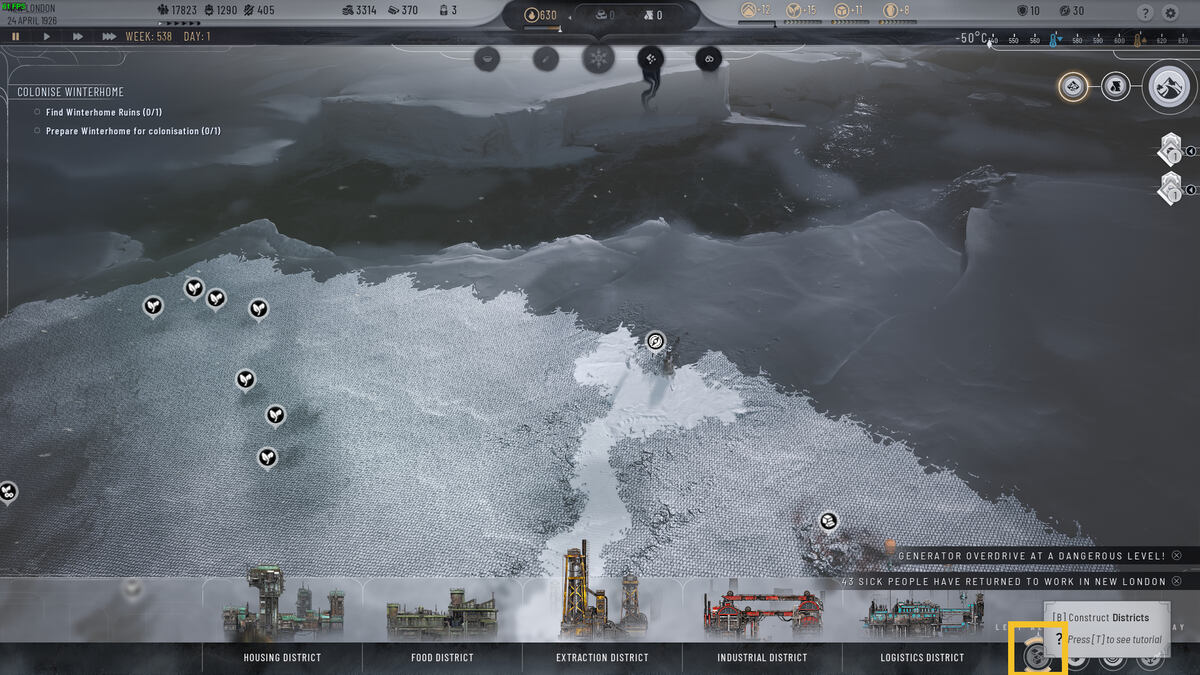 Frostpunk 2 Frostland Teams: isometric view of an icy expanse.